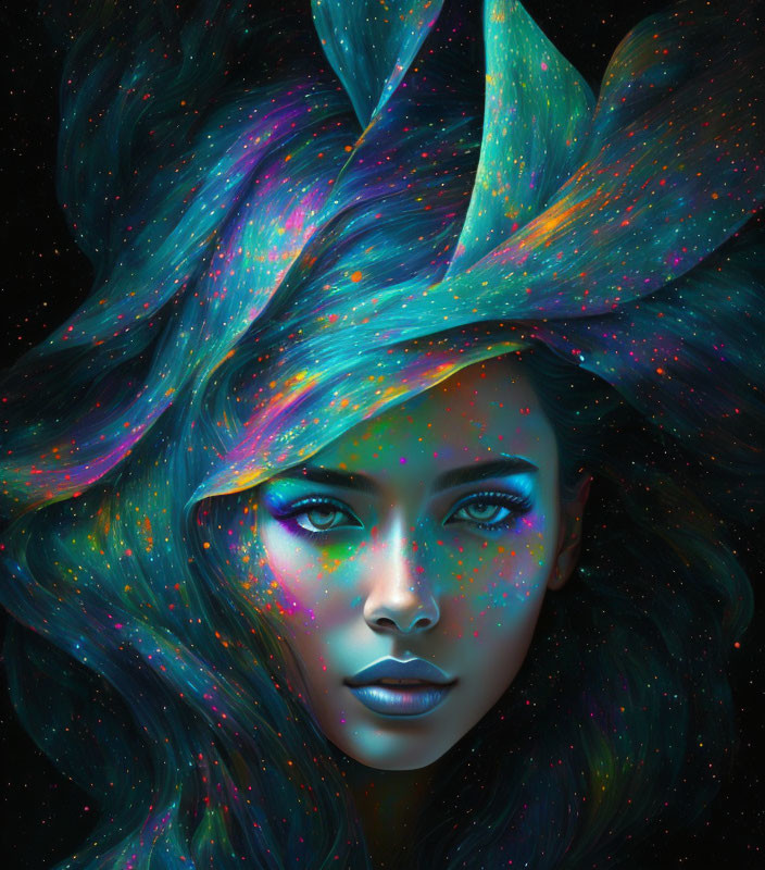 Vibrant cosmic-themed digital artwork of a woman with colorful speckles and starry background