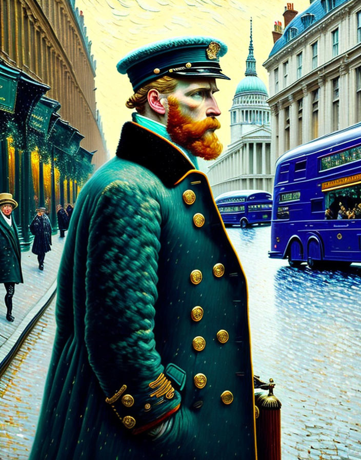 Colorful illustration: Bearded man in 19th-century naval uniform in snowy cityscape