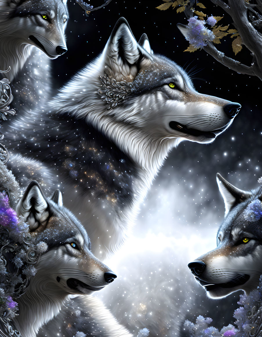 Three wolves with shimmering fur in starry backdrop and purple flora