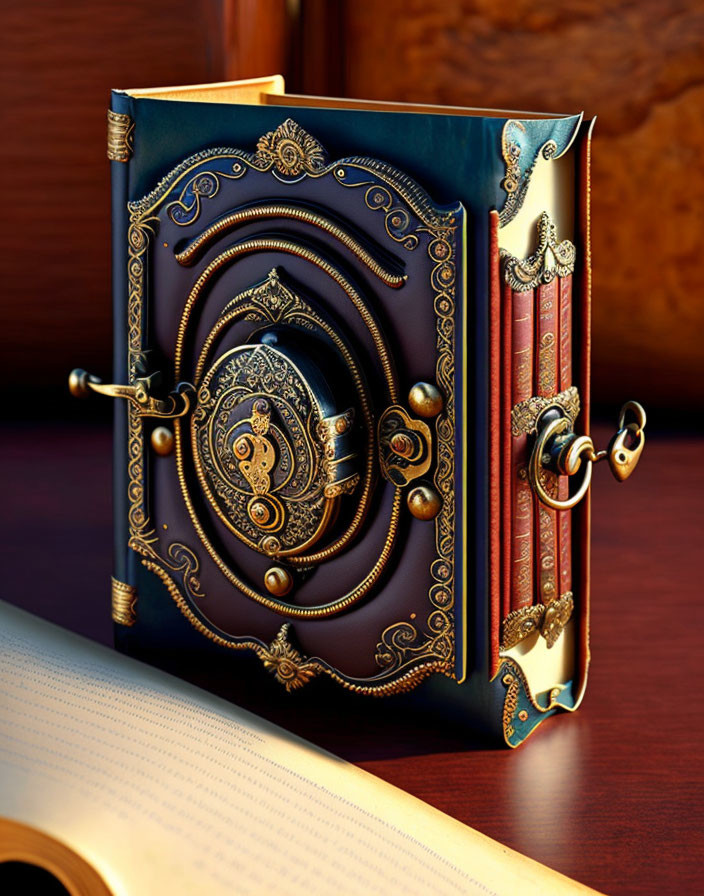 Intricate gold-detailed book with clasp on wooden background