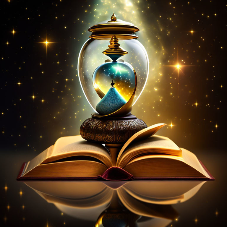 Hourglass with cosmic scene on open book against starry backdrop