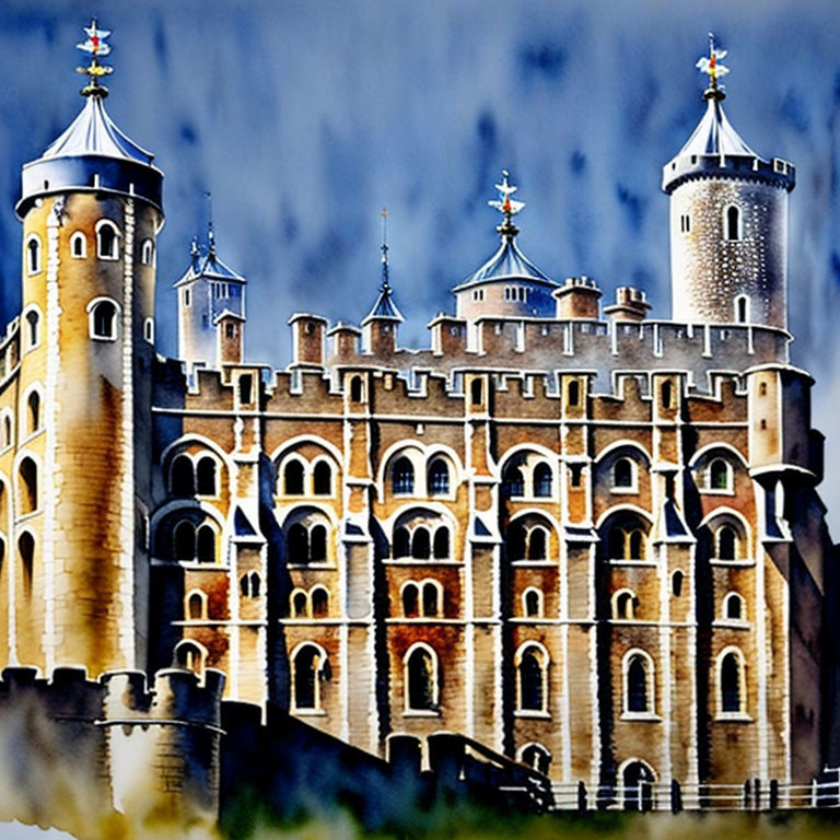 Majestic castle watercolor painting with turrets and arched windows
