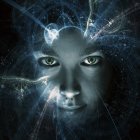 Abstract digital artwork: Woman's face with cosmic, fractal elements in blue