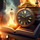 Vintage clock, burning books, bust, and ornate lamp on a desk in mysterious scene