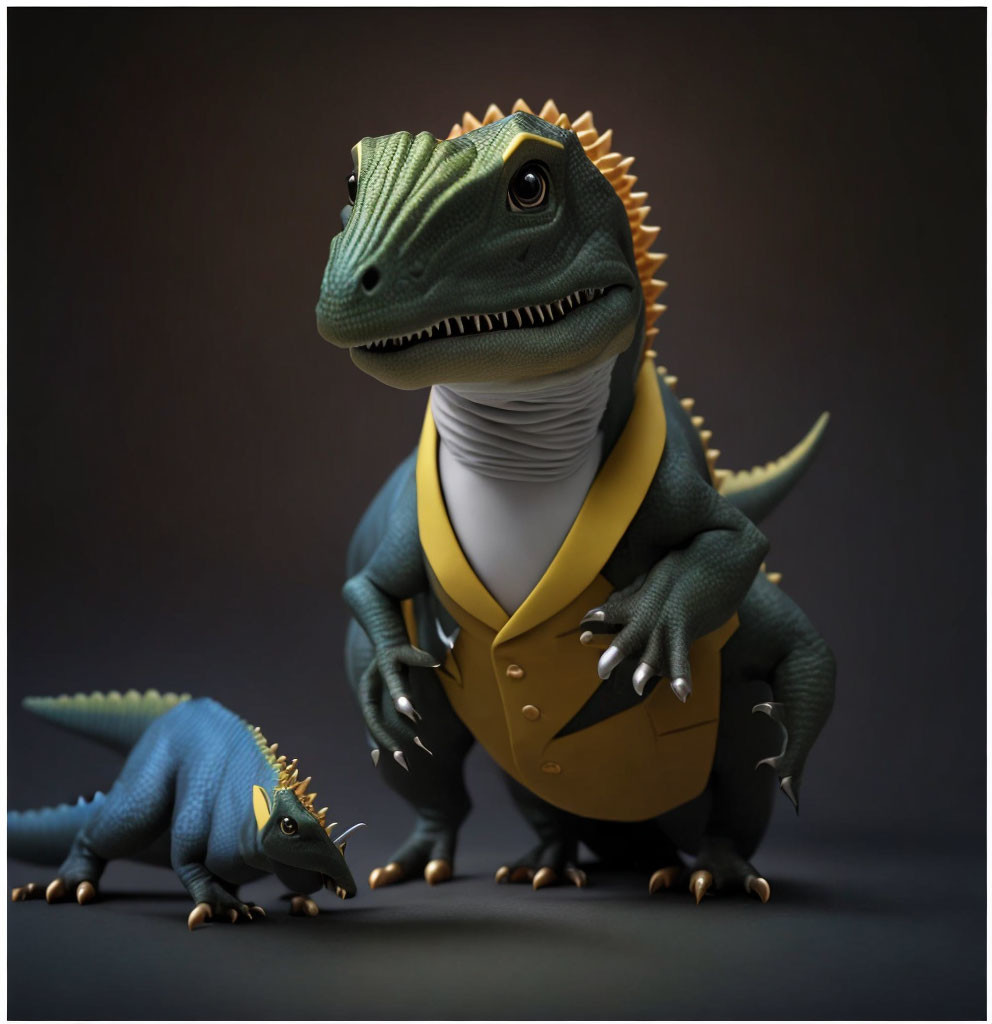 Cartoon dinosaurs in yellow jacket and small dinosaur with realistic textures on dark background