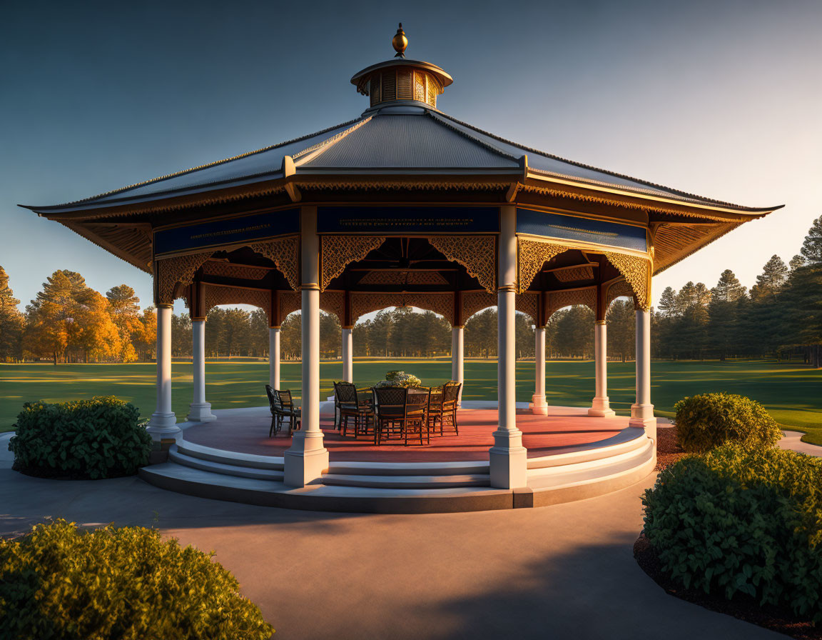 Ornate Gazebo with Domed Roof in Sunset Setting