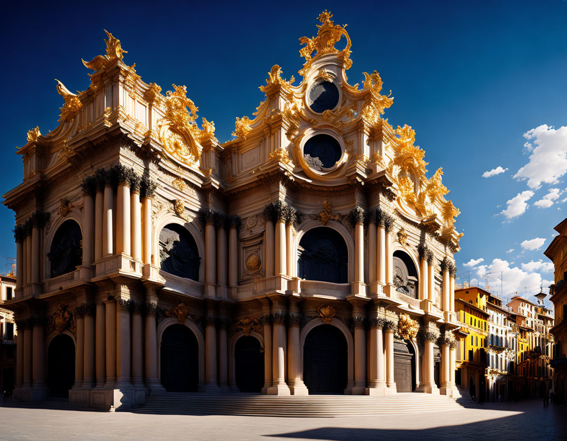 European Theater Facade with Gold Detailing Against Blue Sky