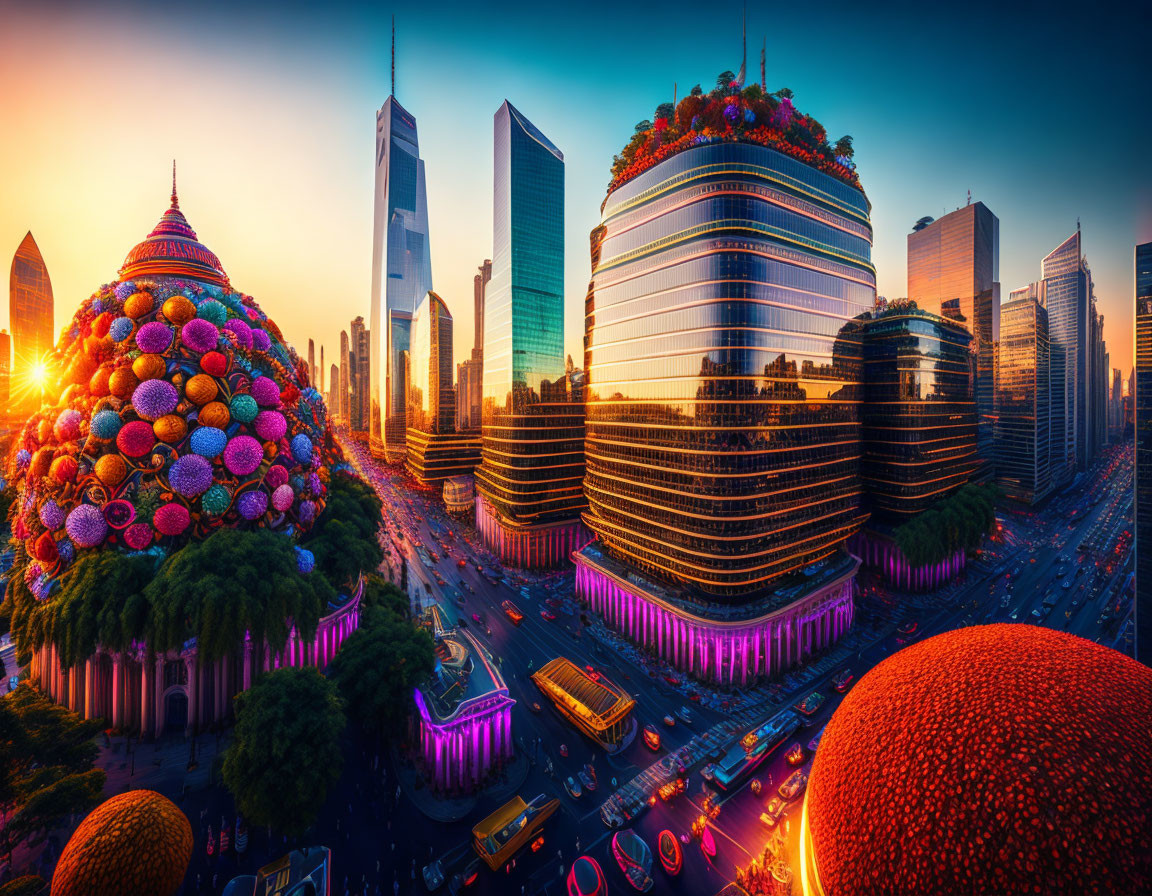 Colorful futuristic cityscape at sunset with vibrant flora and wide roads