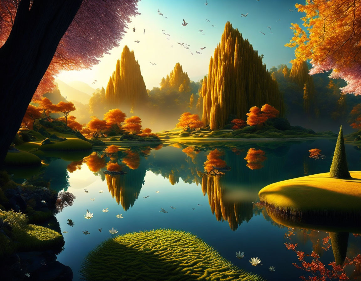 Colorful Autumn Landscape with Reflective Lake & Vibrant Sunset Sky