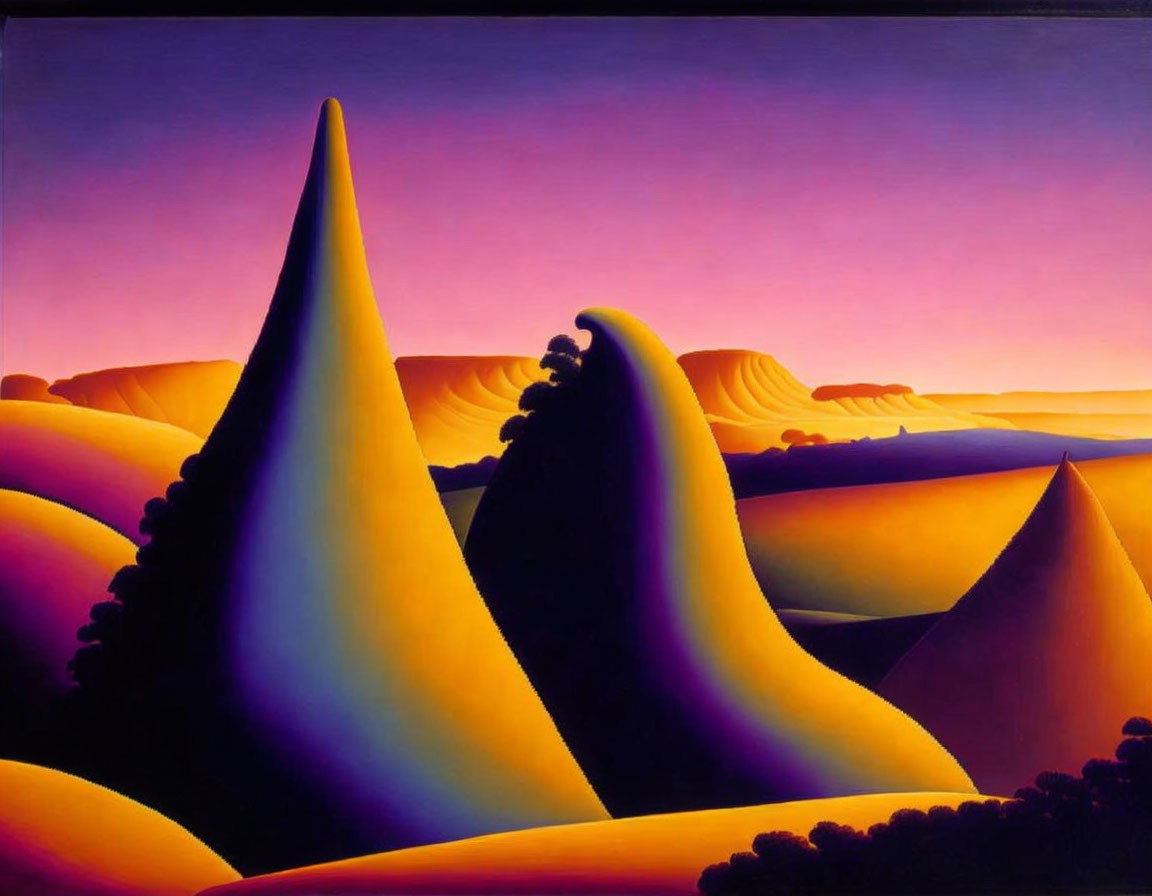 Vibrant sunset landscape with conical hills and gradient sky