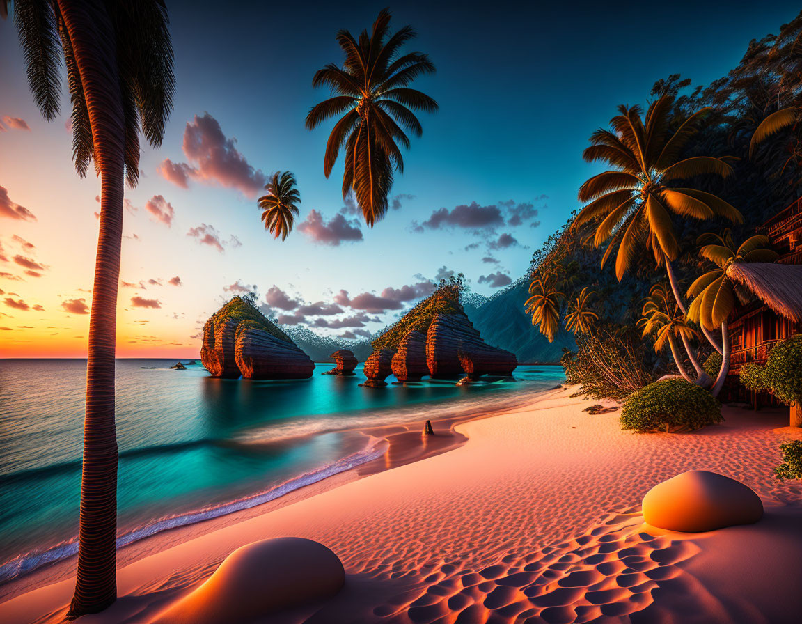 Tranquil Tropical Beach Sunset with Palm Trees and Rocky Formations