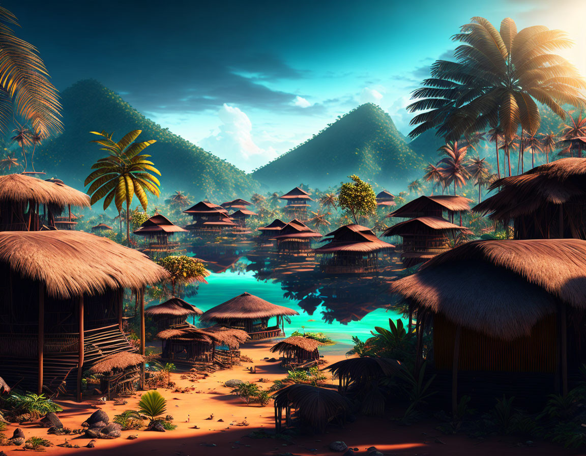 Scenic tropical paradise with thatched huts, mountains, lush foliage, and dramatic sky