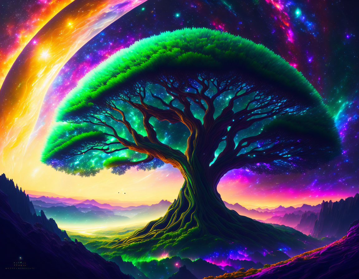 Colorful digital artwork: Giant tree on mountain with cosmic background