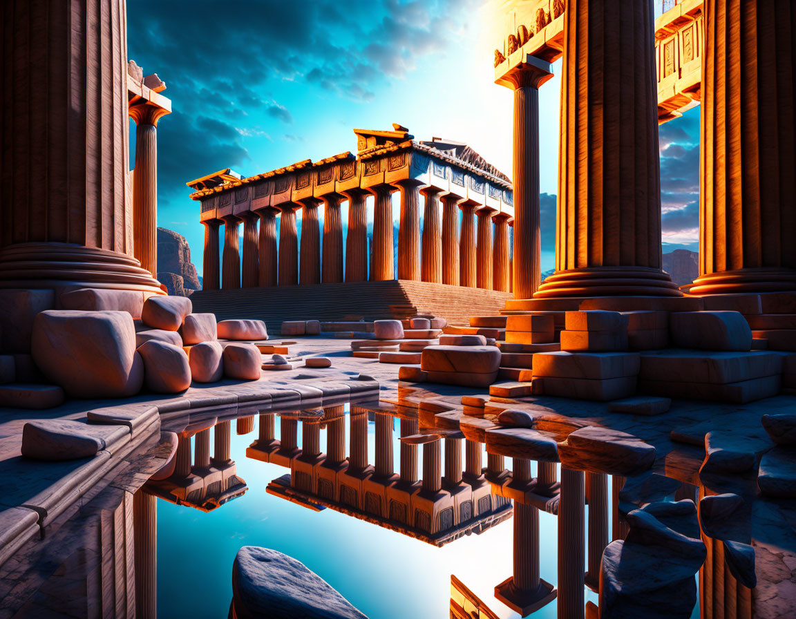 Ancient Greek temple with towering columns near reflective water