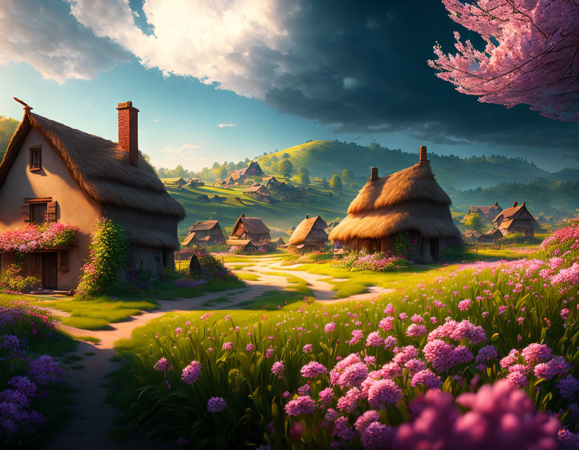 Village in a blossomed open field