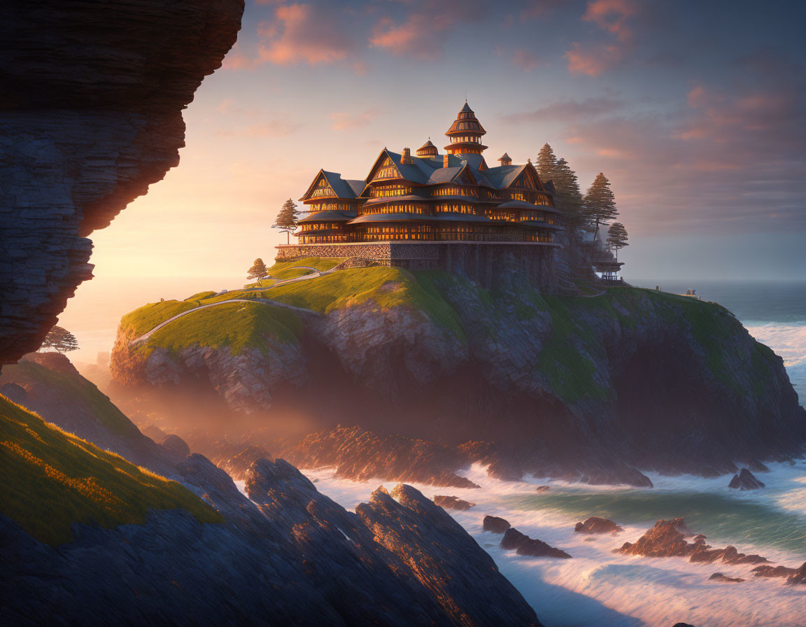 Majestic house on cliff overlooking sea at sunset