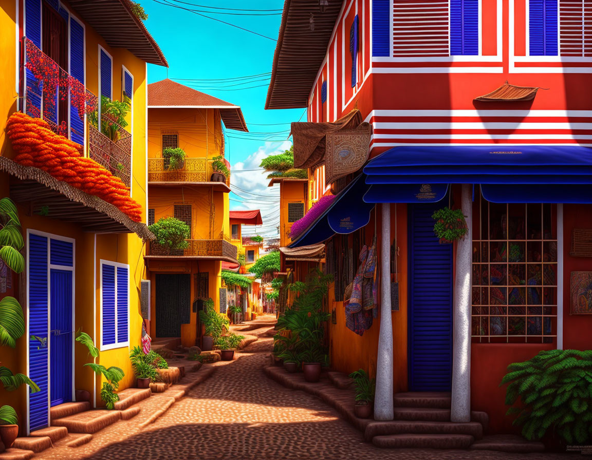 Colorful Street Scene with Blue Shutters and Hanging Plants