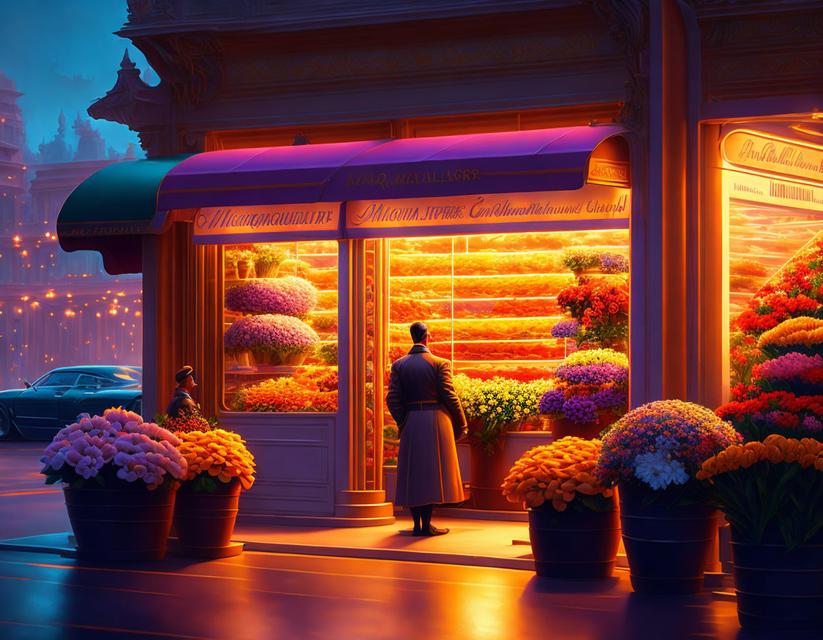 Person standing at vibrant flower shop at dusk surrounded by floral arrangements