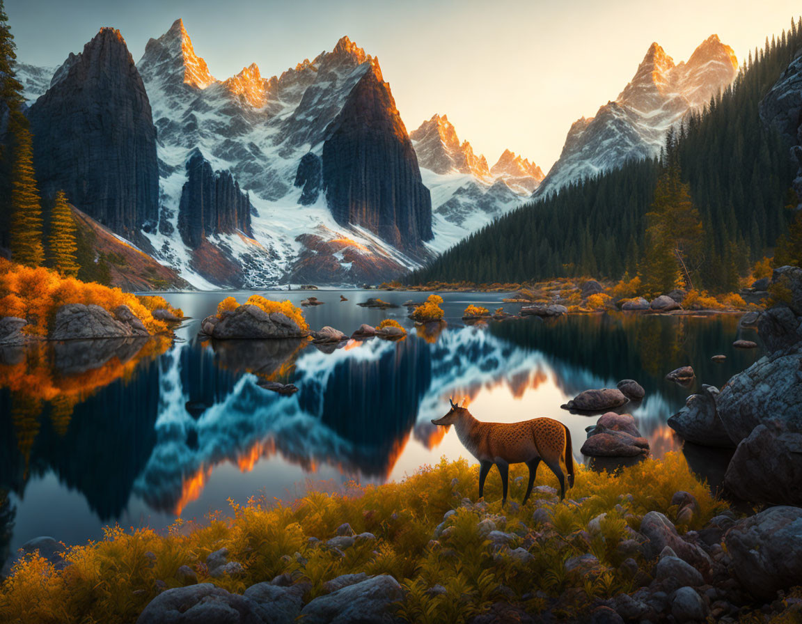 Tranquil lake with snow-capped mountains and deer at sunset