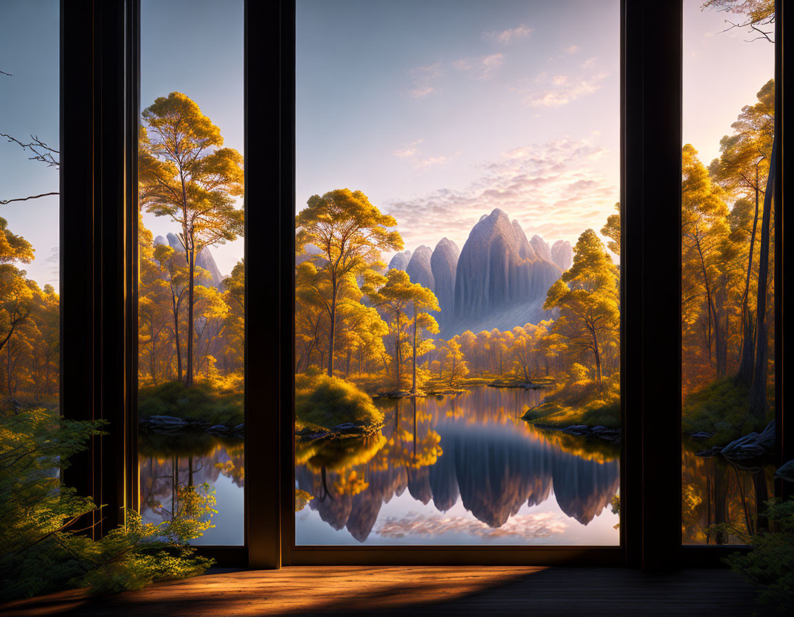 Scenic mountain view through a large window at sunrise or sunset