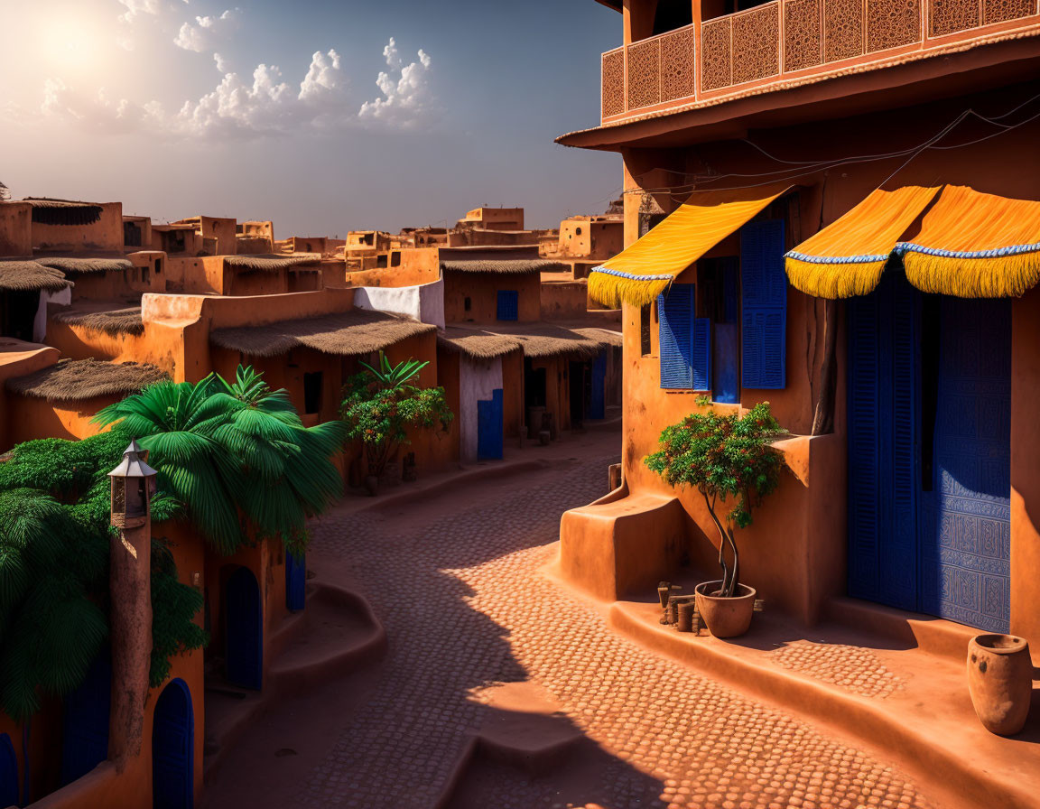 Desert Town Sunset Scene with Earthen Buildings and Blue Doors