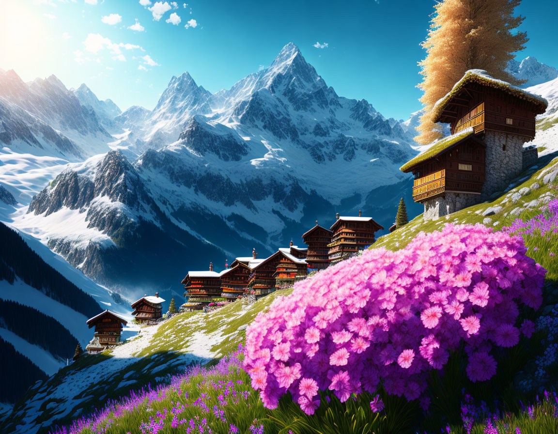 Scenic Alpine village with wooden chalets and snow-capped mountains