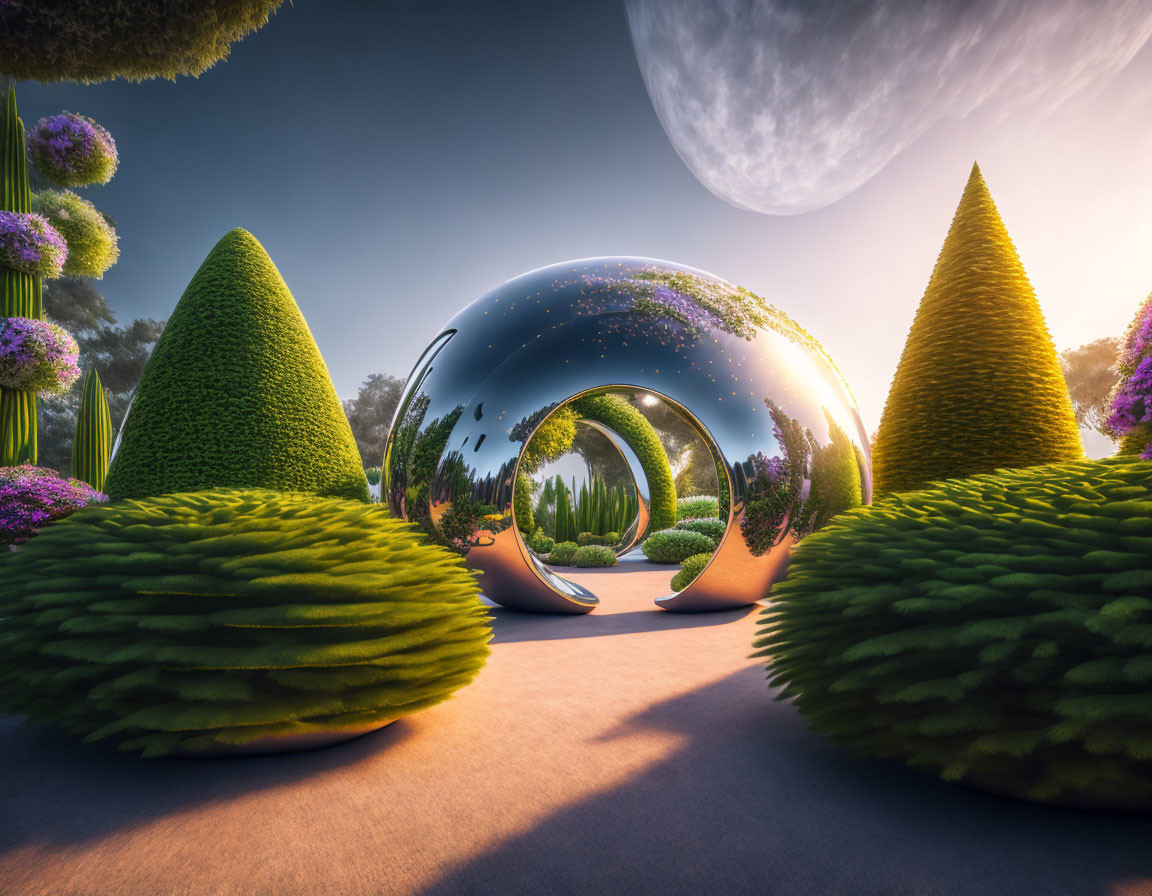 Surreal landscape with spherical sculpture, trimmed hedges, vibrant flowers, and large moon