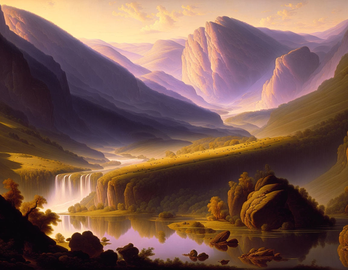 Tranquil landscape painting of valley with waterfall, river, lush trees, and cliffs in warm light
