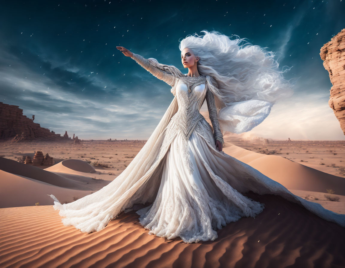 Woman in elaborate white dress in desert with starry sky & rock formations