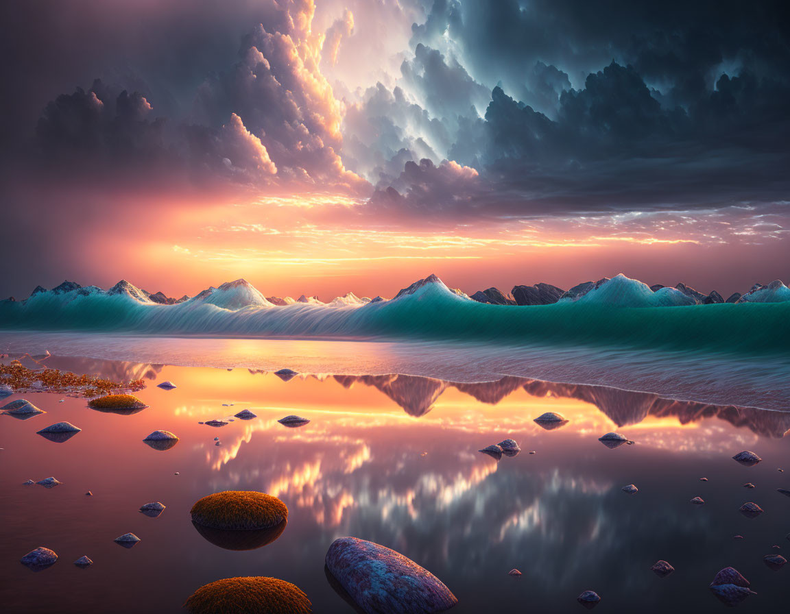 Tranquil sunset with vibrant clouds over calm water and dark mountains
