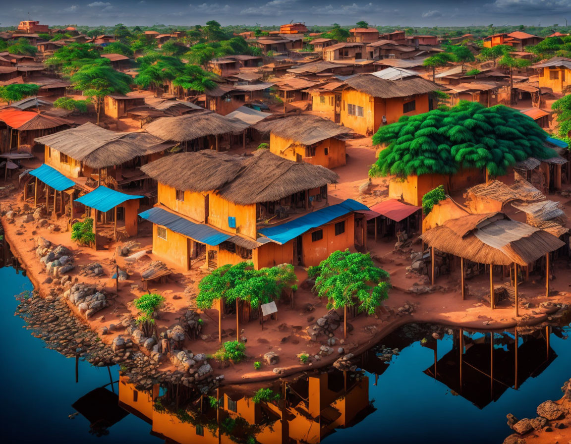 Scenic village with thatched-roof houses and blue walls by reflective water at sunset
