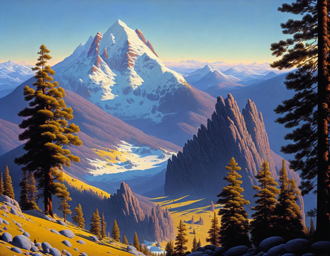Snow-capped peaks, pine forest, valley, river in vibrant landscape