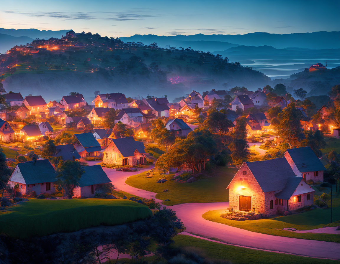Twilight village with illuminated homes in misty mountain backdrop