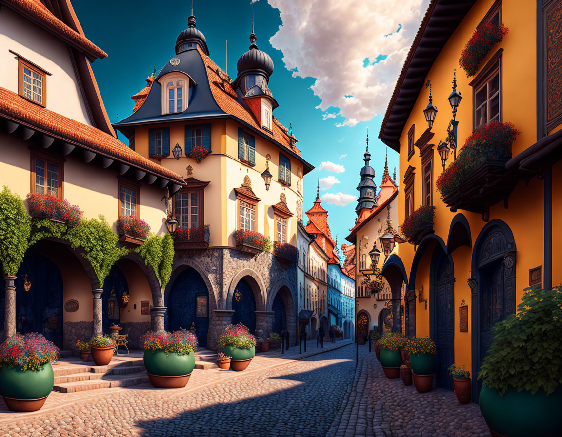 European cobblestone street with vibrant buildings and archways
