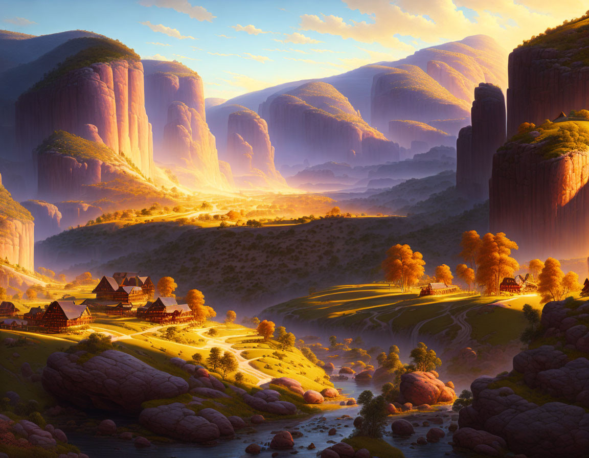 Tranquil river valley at sunset with cliffs, village, trees, and golden light