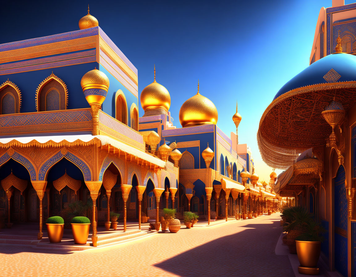 Computer-generated streetscape with golden-domed buildings and blue details under a sunset sky