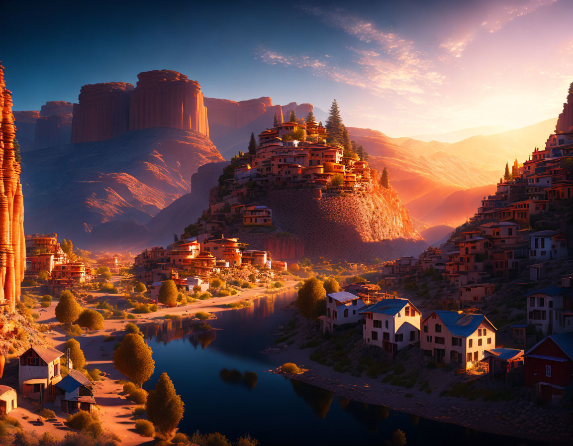 Sunlit cliffside town overlooking tranquil river and red rock formations.