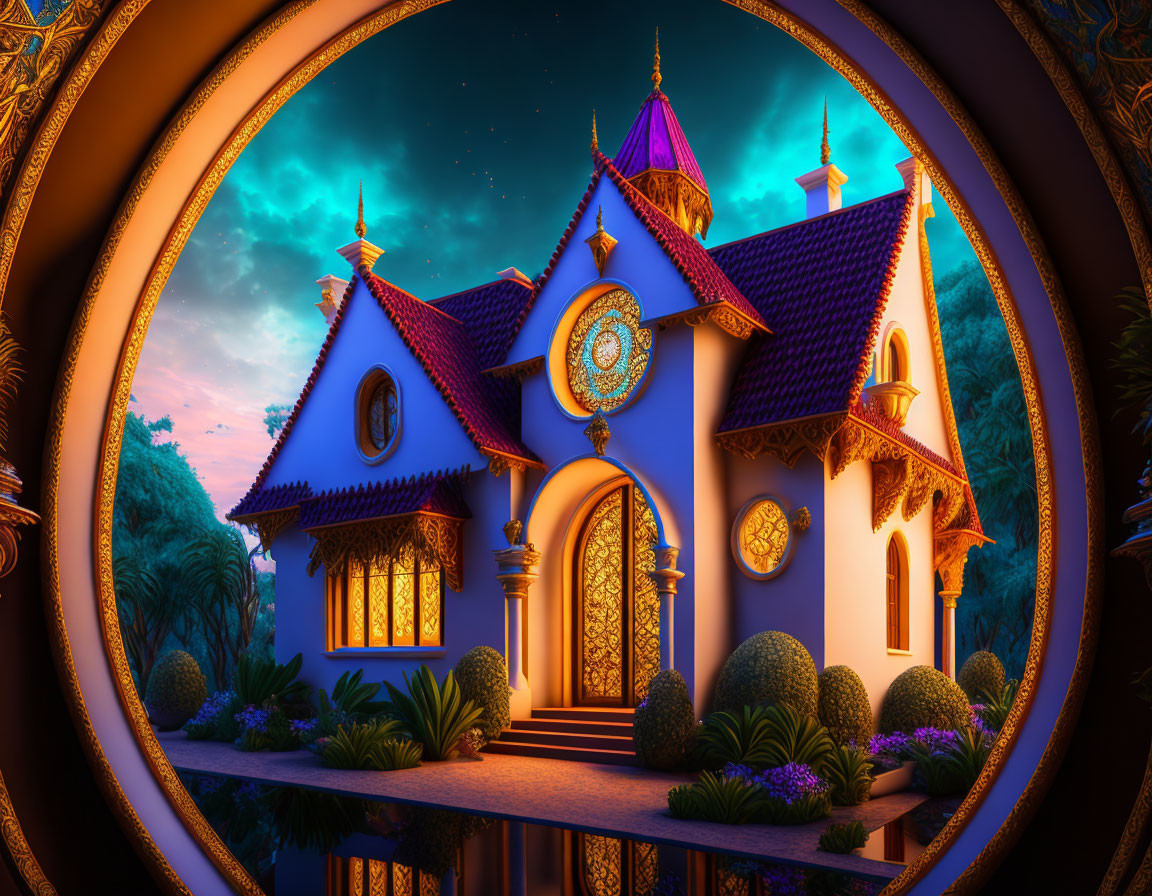 Enchanting fairytale cottage with glowing windows and purple roof at dusk
