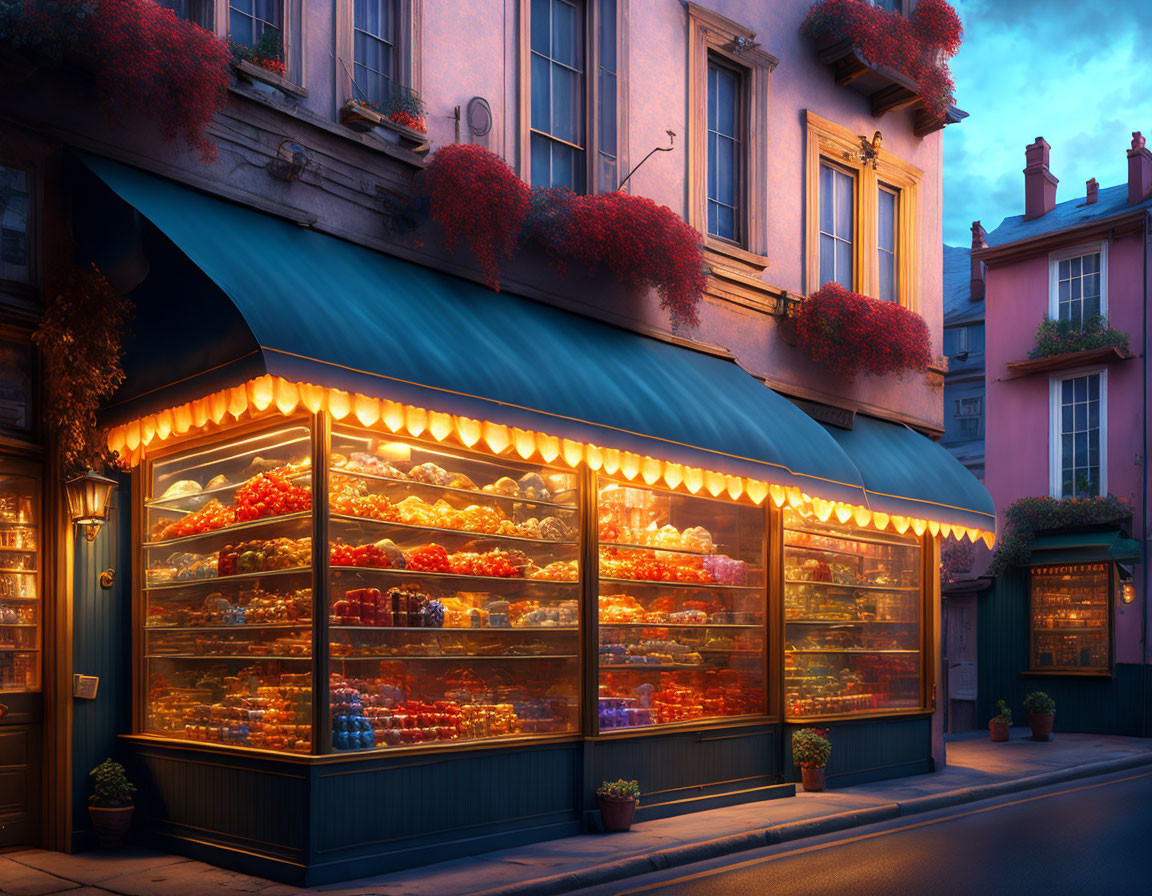 Charming street scene at twilight with cozy bakery and inviting baked goods