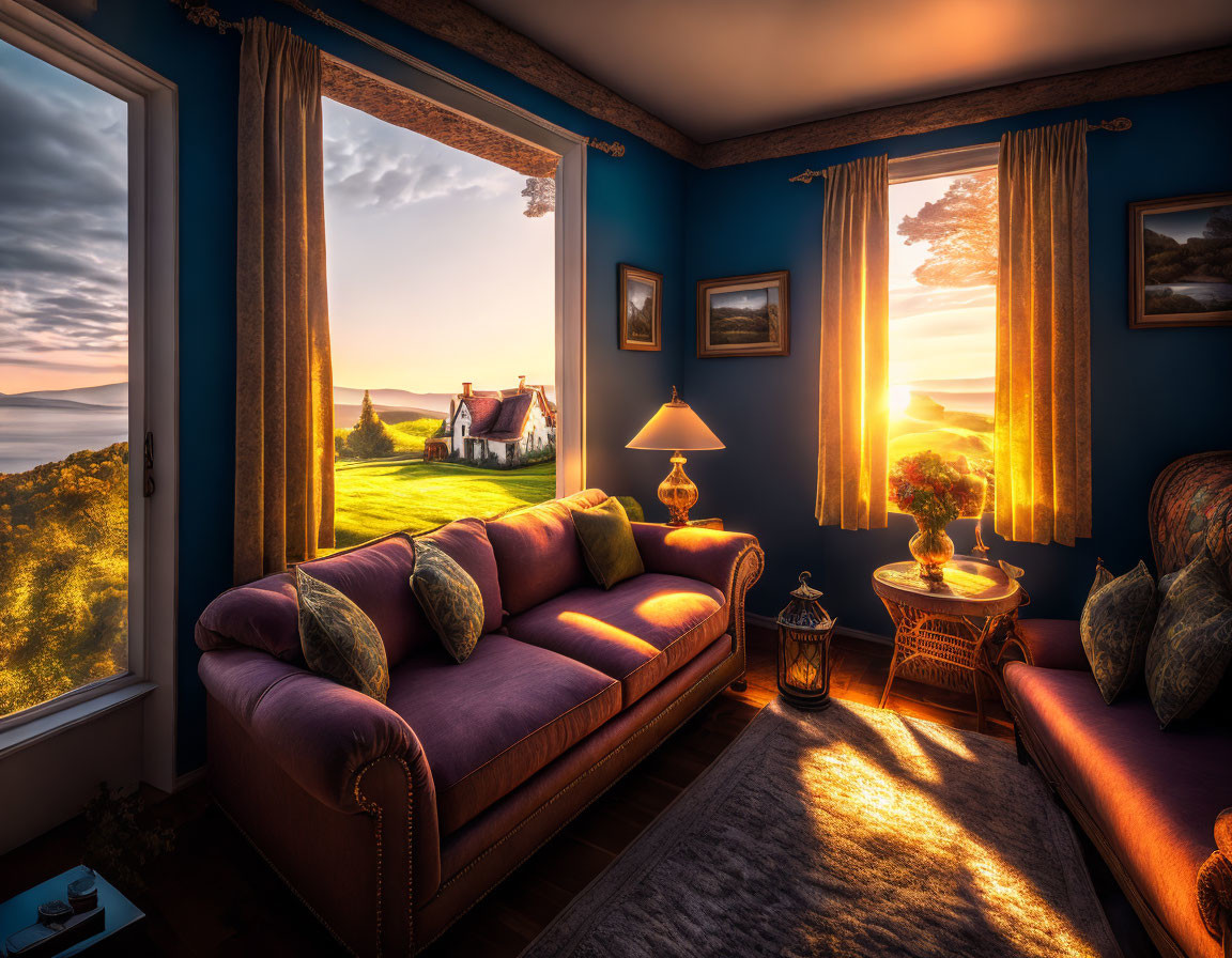 Sunset-themed cozy room with purple sofa, warm lighting, patterned cushions, and scenic landscape view