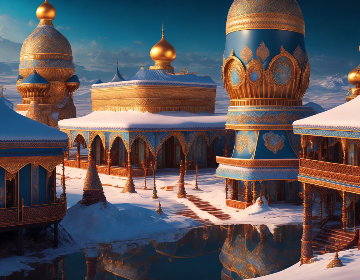 Fantastical palace with golden domes and blue patterns by tranquil water in snowy landscape