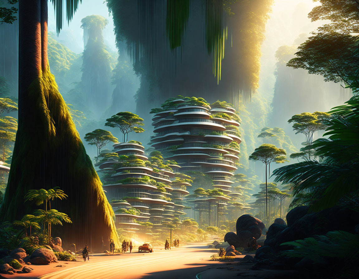 Futuristic jungle with towering architecture and lush green trees