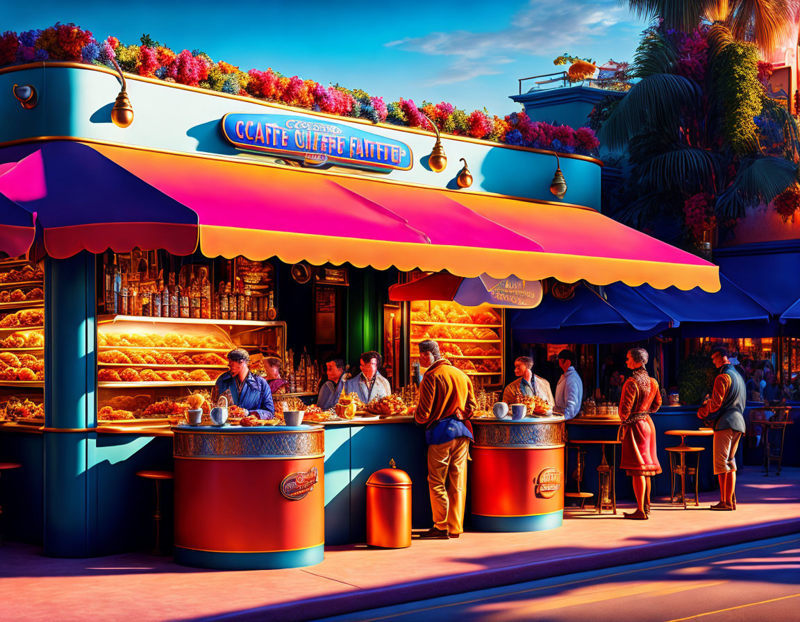 Colorful Outdoor Cafe Scene with Patrons, Awnings, and Fresh Bread Display
