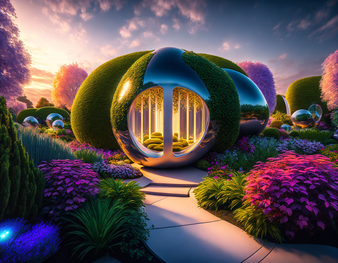 Vibrant surreal garden with futuristic egg-shaped structure