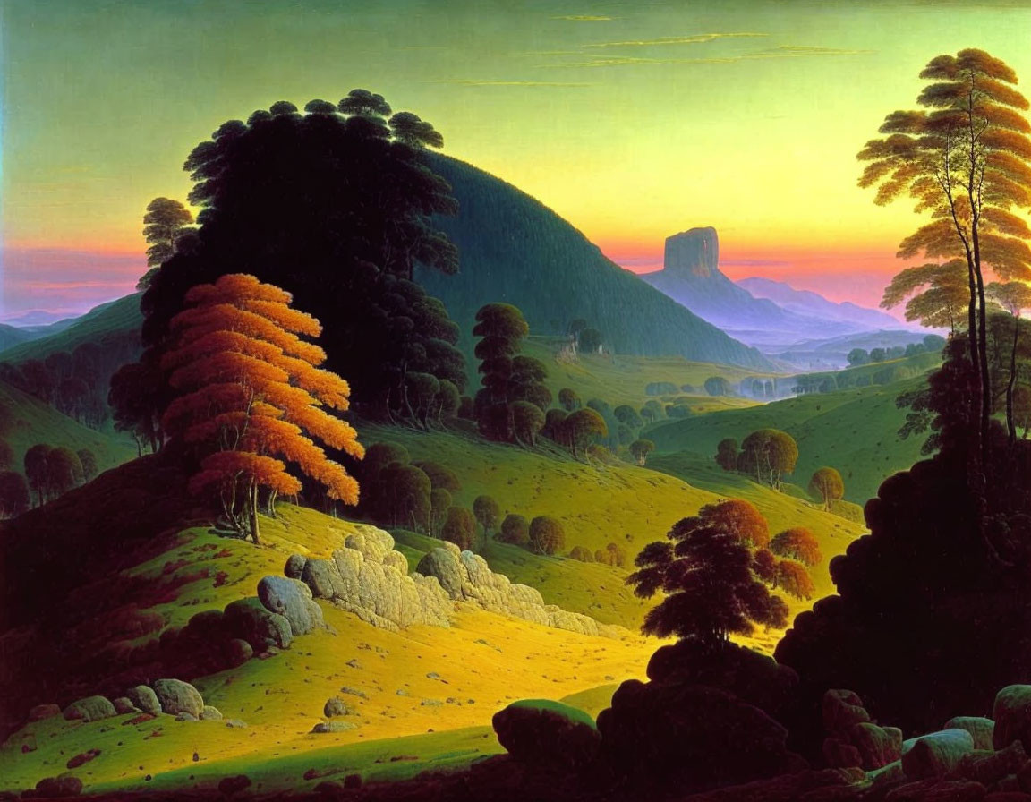 Vivid sunset painting with golden light on tree and rolling hills