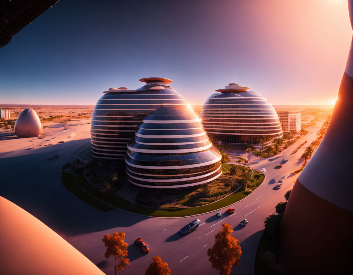 Futuristic dome-shaped buildings at sunset with warm glow and shadows