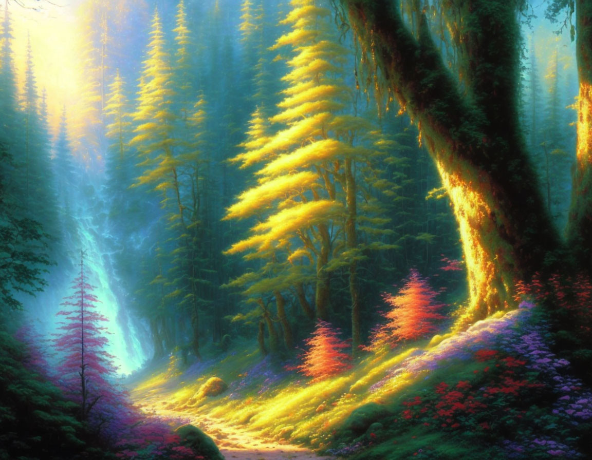 Colorful forest scene with sunlight filtering through trees.