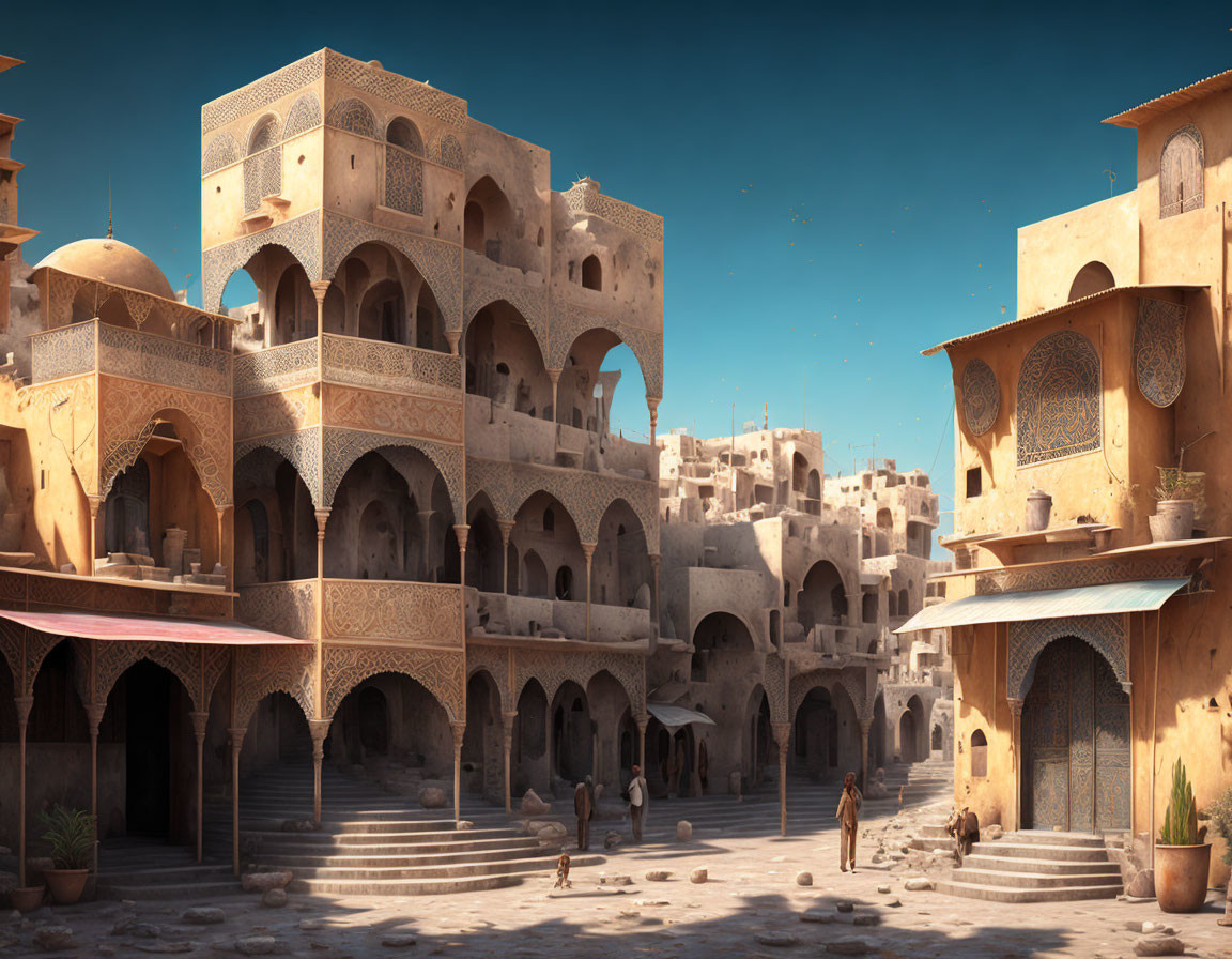 Intricately Designed Middle Eastern Townscape with Ornate Buildings and Arched Walkways