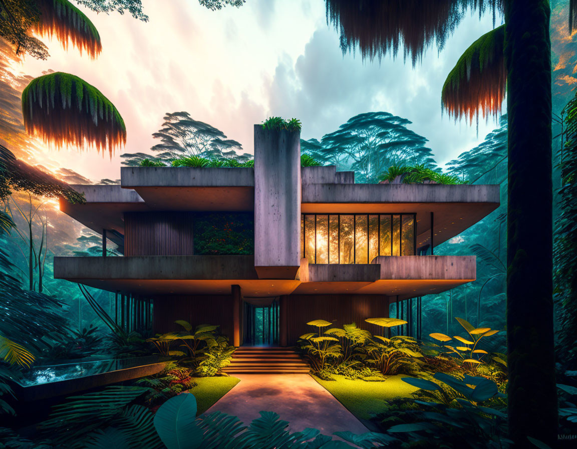 Brutalist mansion in the rainforest