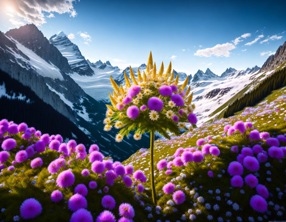 Majestic snowy mountains backdrop vibrant purple flower field